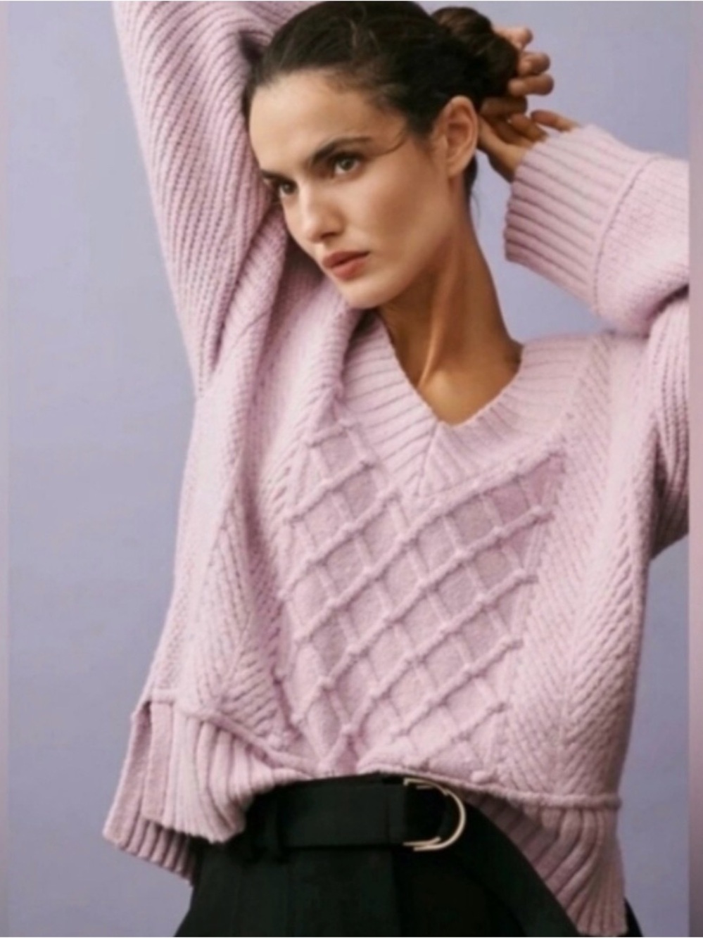Anthropologie Lavender Cable Knit V-Neck Sweater
